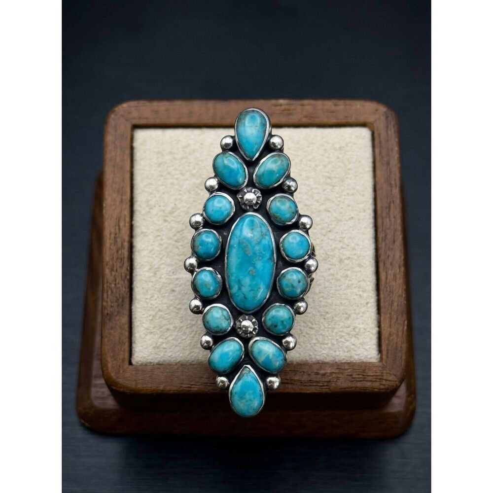 Stunning Southwestern Sterling Silver Turquoise Cluster Ring Statement Piece